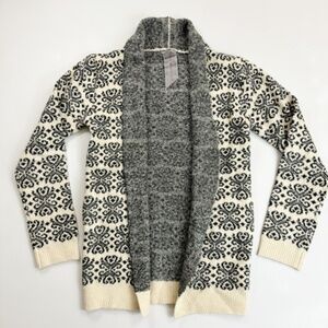 MOON COLLECTION Fair Isle Cardigan Sweater S/M Open Thick Soft Long Black Cream
